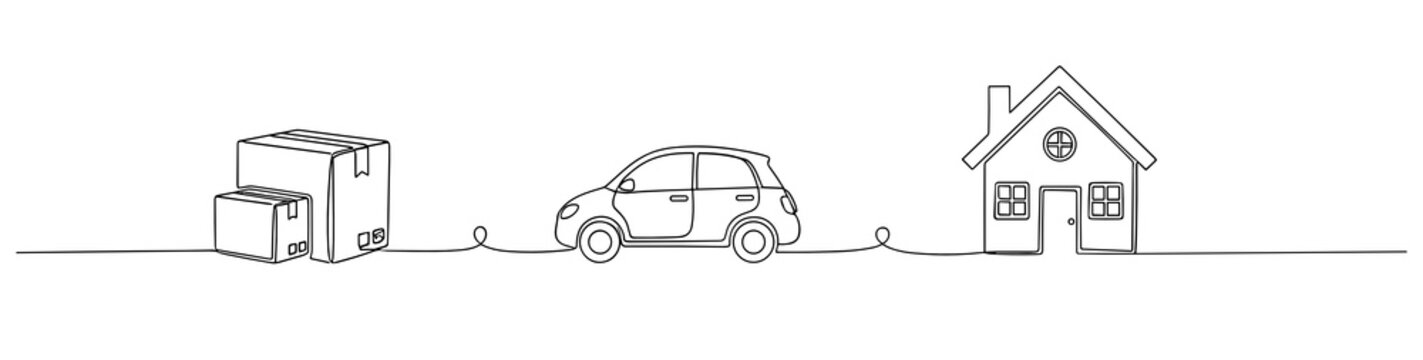 Moving to new home concept with boxes car and house line icon