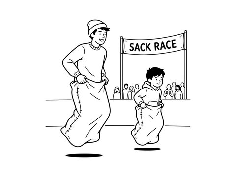 A black and white line art vector showing a man and a child competing in a traditional potato sack race during a family sports day event.