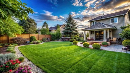 Fototapeta premium A photo of a meticulously maintained backyard with fresh green grass stretching out in every direction, clean and modern in design, devoid of any dist