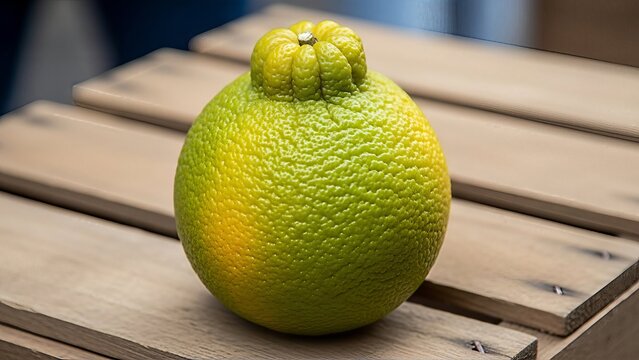 Green Ugli fruit on wooden crates, close-up, healthy food concept