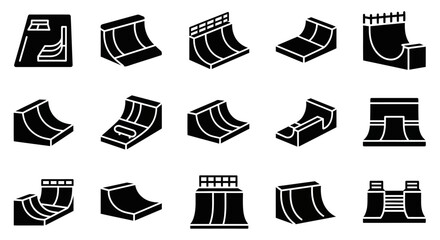 Black skate park ramp icons, skateboard ramp graphics, vector skateboarding elements, 13 icon set © Shawn