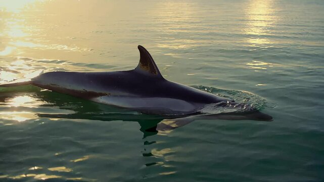 A single bottlenose dolphin swimming in the ocean at sunrise