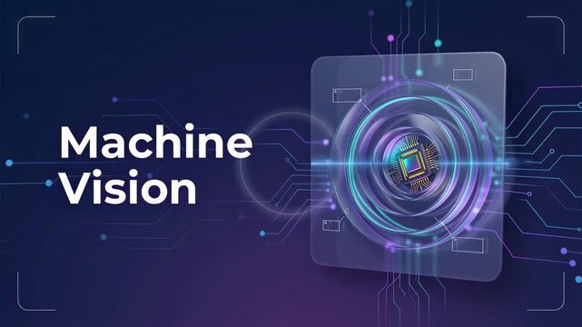 Futuristic machine vision concept with a processor chip inside a digital camera lens, processing information through a circuit board for advanced artificial intelligence analysis and identification