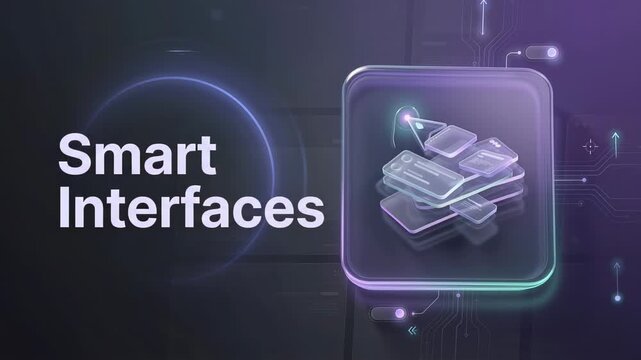 Animated smart interfaces concept showing a 3d icon with floating virtual screens and a cursor interacting with them, representing modern ui and ux design on a futuristic digital background