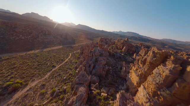 FPV Drone Cinematic Flight Over Red Sandstone Rock Formations in Cederberg Wilderness Area, Western Cape, South Africa
