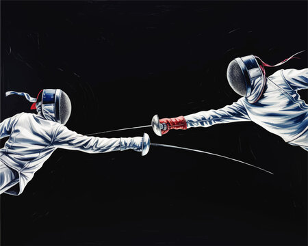 Dynamic fencing duel illustration with two athletes in protective masks crossing swords on dark background with copy space