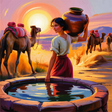 Desert woman carrying clay water jar by stone well at sunset with camels caravan, colorful pastoral digital painting