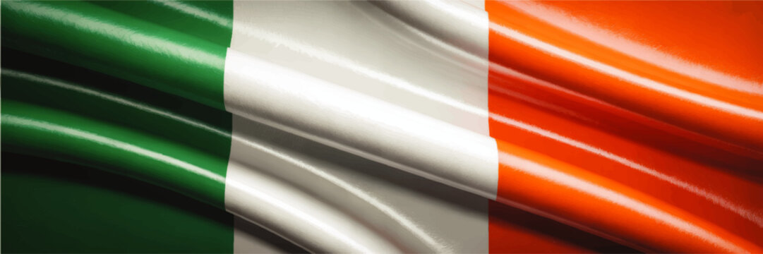 Waving Ireland Flag Background with Glossy Fabric Texture, Green White Orange Tricolor Banner for National Identity Design