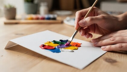 Fototapeta premium Medium shot of an artist delicately applying gouache paint to a blank greeting card with vibrant colors sharply in focus and soft blurred background.