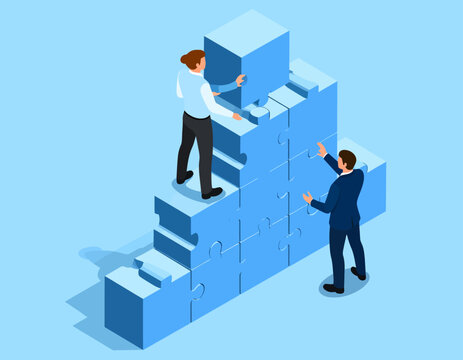 Two Men Building Blue Cubes Structure.