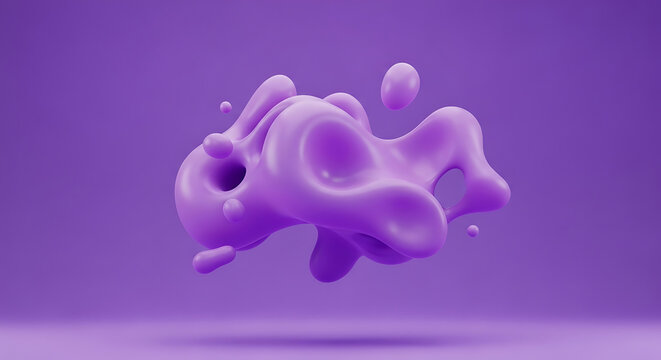 Abstract fluid organic shape in vivid purple, amorphous blob with smooth glossy surface and liquid-like movement, 3d rendering