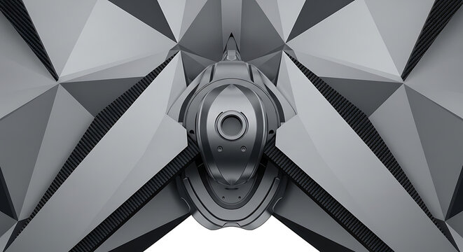 Abstract futuristic metallic symmetrical shape with geometric facets and intricate mechanical details, monochrome futuristic design element