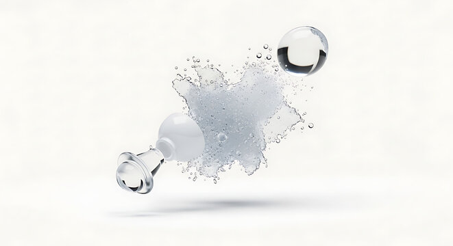 abstract liquid splash exploding from a white bottle with small dark particles and glass spheres, dynamic motion