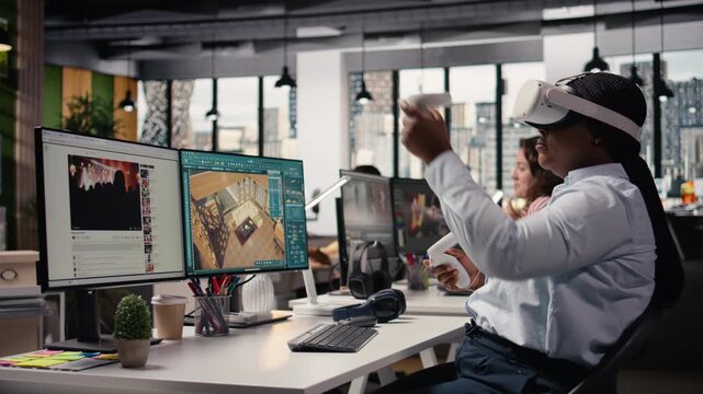 VR headset simulation, architectural floor plan, designing apartment layout and blueprint on PC with 3D modeling software. Woman employee using CAD virtual tools and VR glasses.