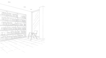 Interior design sketch of a modern library with bookshelves and a chair. © Dika