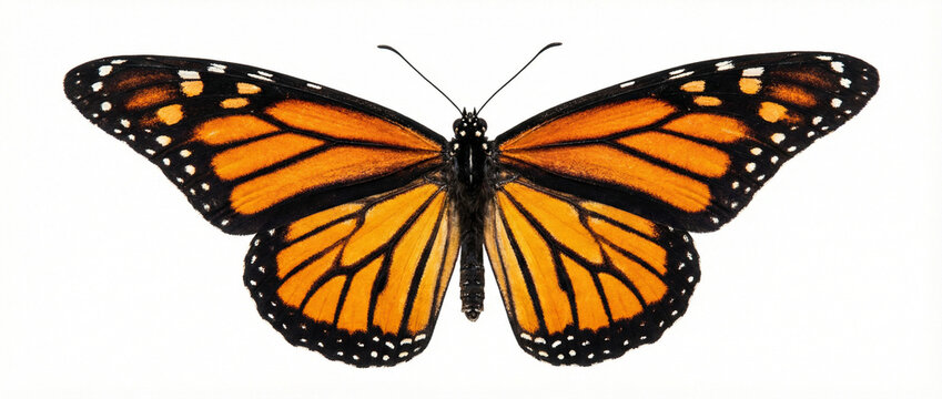Borboleta monarca com asas abertas isolada sobre fundo branco
