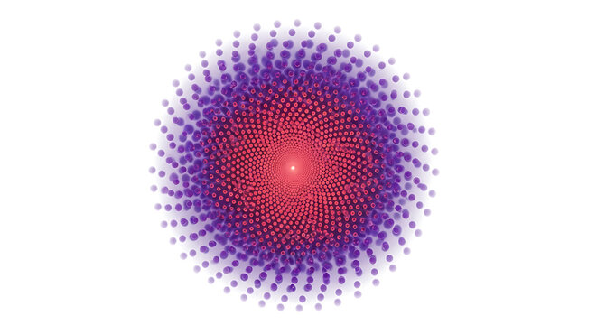 Abstract radial pattern with glowing pink center, surrounded by purple heart shapes fading outwards, digital art for backgrounds or overlays