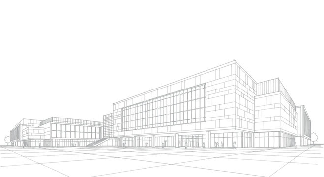 Modern Architectural Building Sketch with Glass Facade.