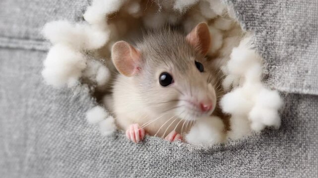 A small beige mouse peeking out from a torn hole in a gray fabric sofa with white stuffing.