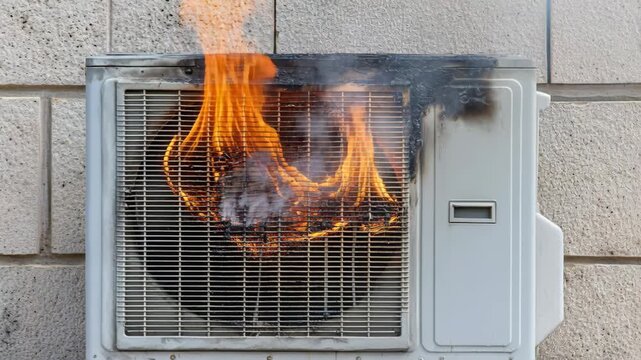An outdoor air conditioning unit is engulfed in bright orange flames and thick smoke.