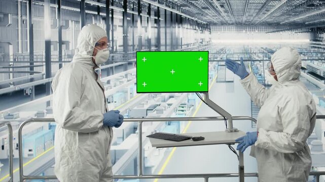 Isolated screen laptop used by engineer man reviewing microchip factory diagnostics to prevent downtime. Expert studies semiconductor plant data on chroma key notebook, doing quality control, camera A