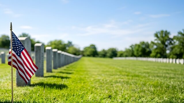 Close up of a small American flag placed next to a white marble headstone in a military cemetery with rows of graves fading into a blurred green field under a clear blue sky.