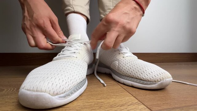 Close up of a woman tying shoelaces on white sneakers indoors. Sport shoes on wooden floor. Preparing for workout, fitness, jogging, training or daily casual activity.