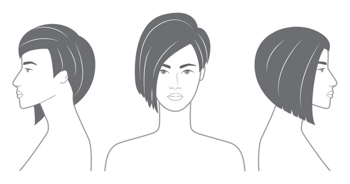 Asymmetric cut hairstyle black white front profile views, uneven hair shape angled composition for avatar, salon, beauty chart, fashion graphic