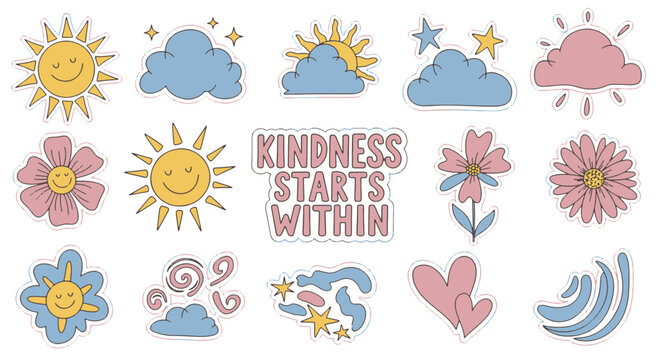 Cute Kindness Quotes Stickers with Sun Clouds and Flowers