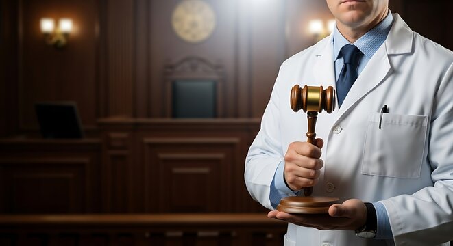 Medical Malpractice - Doctor Holding Gavel in Courtroom Setting.