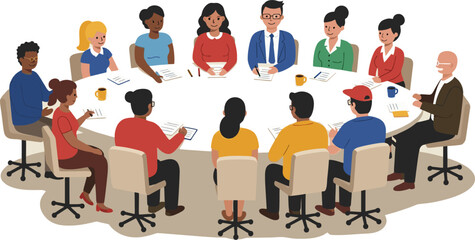 Business Vector Illustration Office New Client Deal - Team of People Featuring Collaborative Coworkers Engaged in a Project Discussion © newsuper