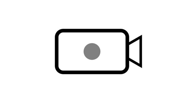 Minimalist black video camera icon with a recording dot on white background. Clean UI element for media, cinema, and digital broadcasting projects.