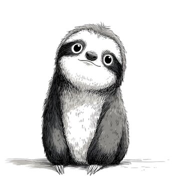 Adorable cartoon sloth with a sweet expression looks up with gentle eyes, rendered in detailed black and white sketch style drawing.