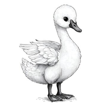 A charming sketch features a fluffy white swan cygnet with its delicate wings slightly open, captured in intricate detail on a white background.