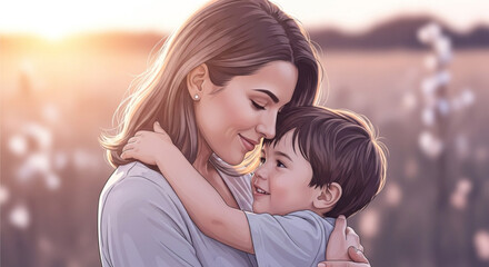 Fototapeta premium Mother and son in a loving embrace at sunset.