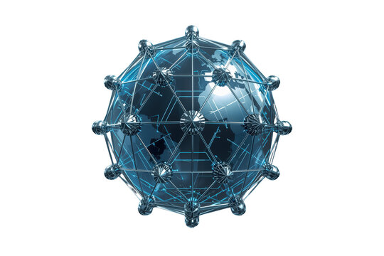 Digital global network structure connecting continents with glowing lines, representing modern communication and data flow on transparent background