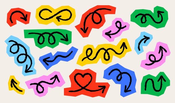Colorful sketch arrow set in cutout collage style. Hand drawn doodle crayon, chalk texture. Playful navigation for social media, poster, banner, scrapbook, education materials, business, collage.