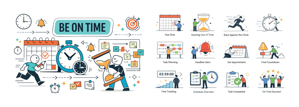 Time management and productivity concepts illustrated with icons and characters