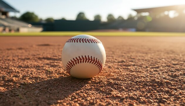Fresh Baseball on Dirt Field at Sunny Stadium