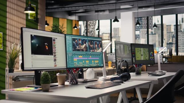 Empty post production office with professional editing setup on PC computer, film project in progress. Playback window and cutting tools for motion graphics and visual effects. Movie production.