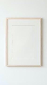 Empty wooden picture frame with white mat hanging on neutral wall ready for artwork display and home decor projects.