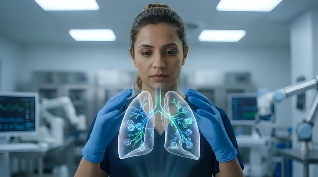 Female healthcare professional with digital lung hologram in modern medical facility showcasing respiratory health technology and diagnostic innovation.