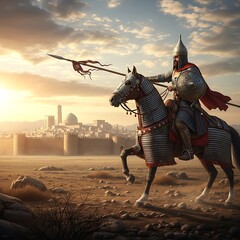 Naklejka premium Medieval Knight on Horseback Charging Towards Jerusalem at Sunrise.