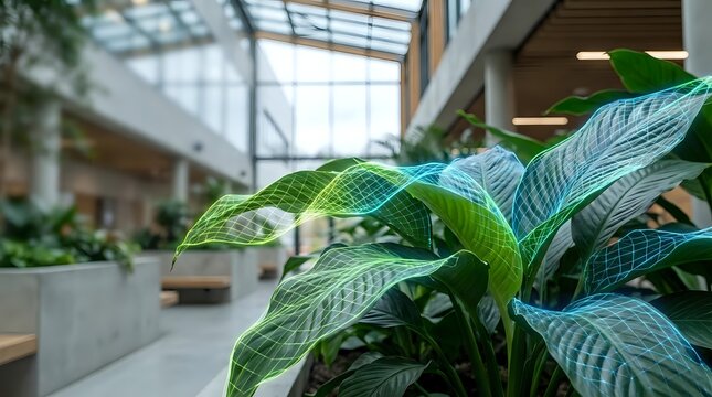 Lush green tropical plants in modern office building atrium with glass ceiling and natural light creating peaceful indoor garden workspace environment.