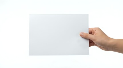 Obraz premium Hand holding blank white paper card on transparent background isolated for mockup design presentations and marketing materials.
