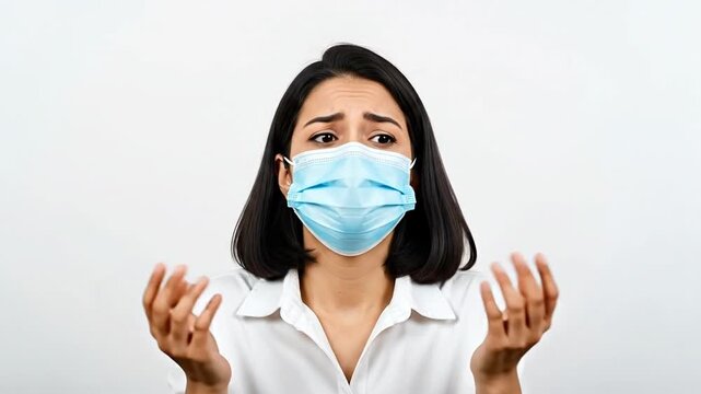 Pandemic perplexity: A portrait of a woman wearing protective face mask, conveying a sense of anxiety and worry during a health crisis. Expressing the emotional toll of the ongoing pandemic.