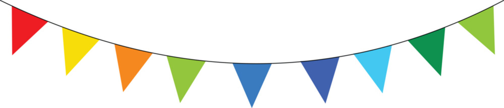 Colorful triangular bunting flags on white string for festive decoration