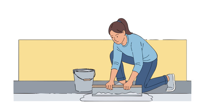 Woman leveling floor with trowel during home renovation project