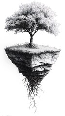 Fototapeta premium Pine tree silhouette with intricate branches and visible roots against white background, tree roots
