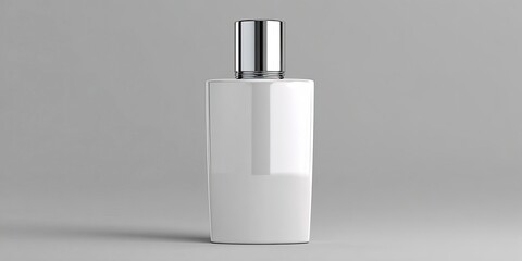 Fototapeta premium White Perfume Bottle with Silver Cap Standing on Gray Surface